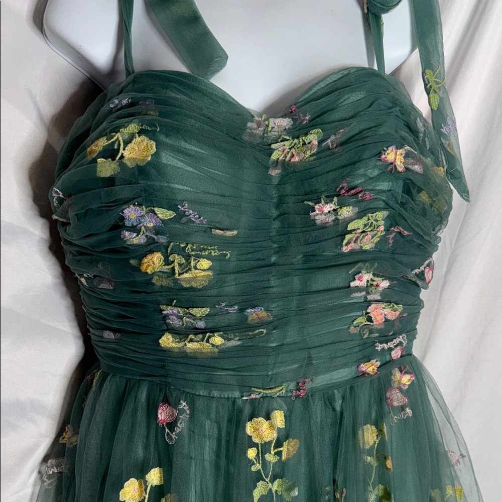 Emerald Green Floral Embroidered Maxi Dress with Tie Straps - Picture 2 of 16